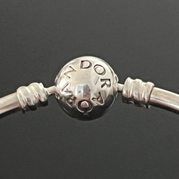 PANDORA authentic "Unique as you are" SS bangle with 2 teal pave charms preowned - Picture 9 of 10